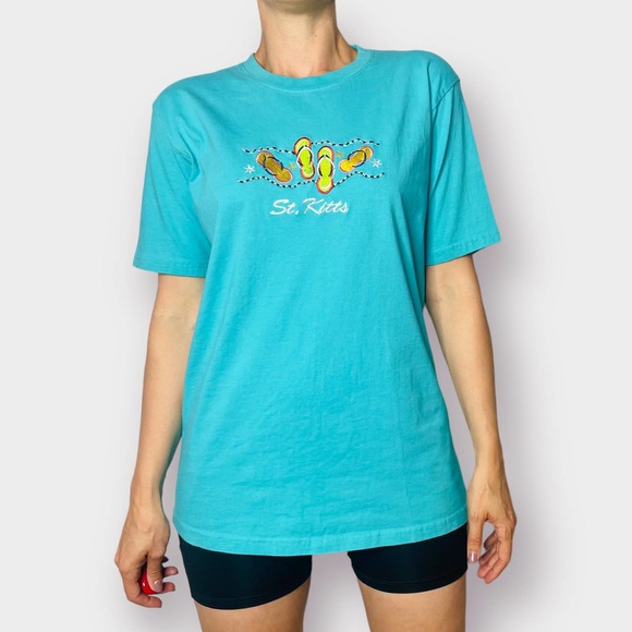 2000s SGS St Kitts Teal Flip‎ Flop Tee - Picture 1 of 4